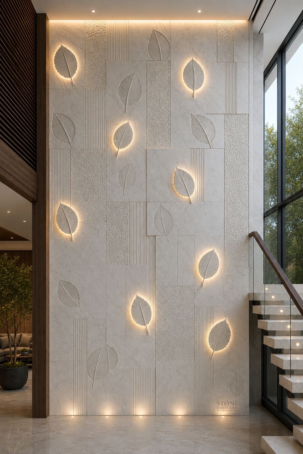 Falling leaves pattern carved into white marble feature wall by Stone Emotions