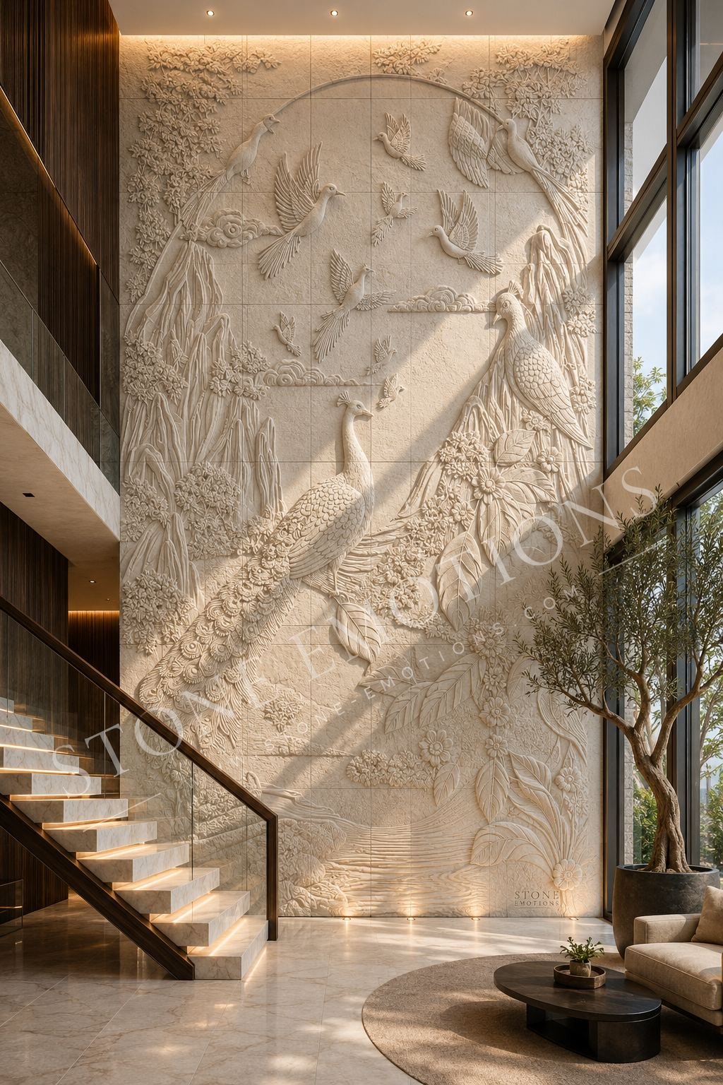 Sandstone wall combining multiple natural textures and finishes by Stone Emotions