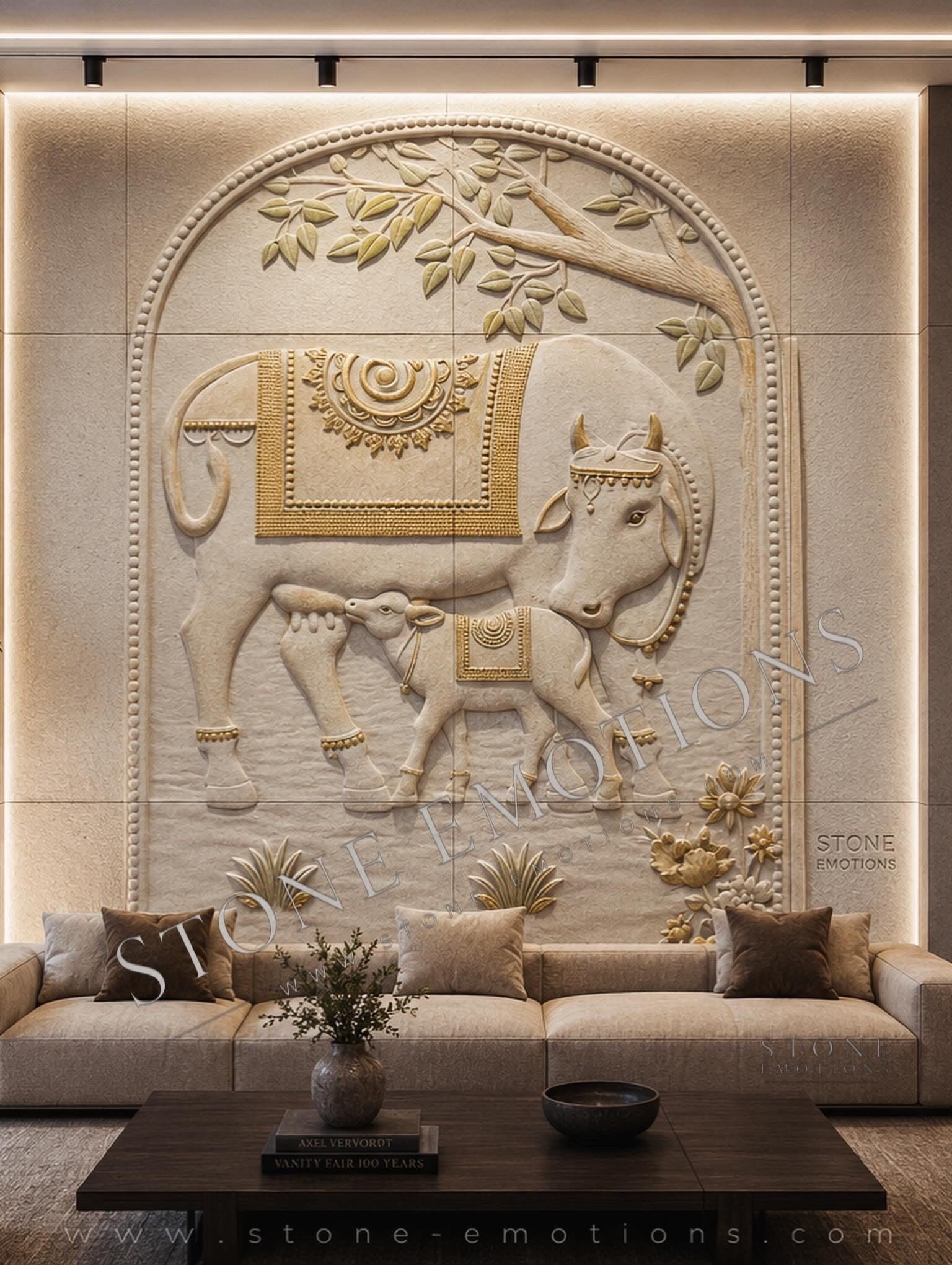Backlit lotus motif double-height staircase feature wall in sandstone by Stone Emotions