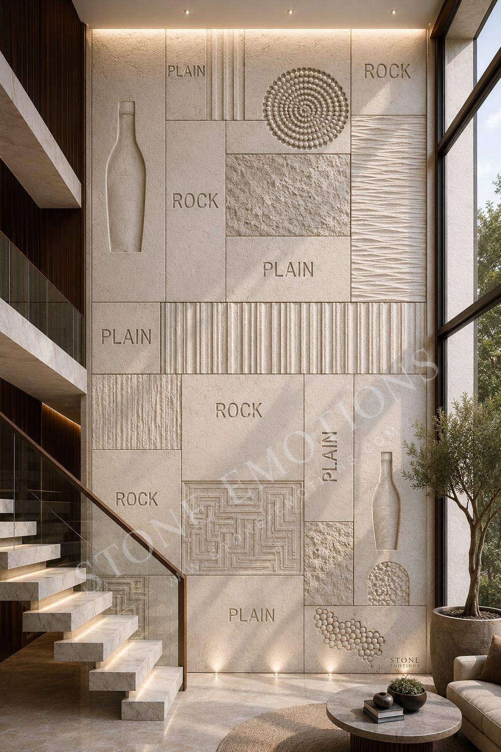 Tall sandstone wall carved with rows of lotus flowers and leaves, double height living room