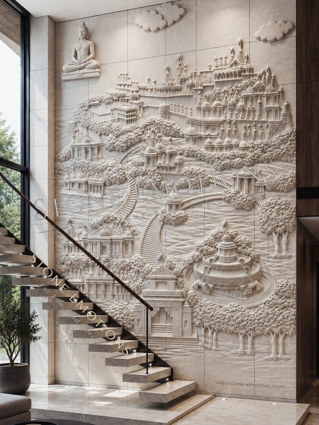 Detailed circular mandala relief in sandstone with inlay colour accents by Stone Emotions