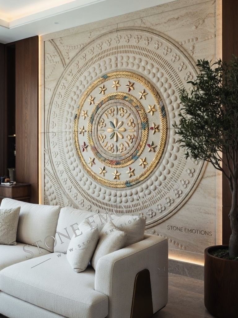 Large CNC-carved sandstone mural by Stone Emotions, suitable for architectural specification
